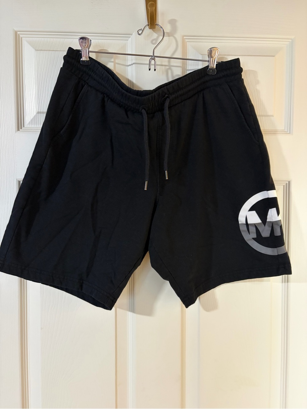 Michael Kors Black Athletic Shorts with Silver Logo, 8" inseam size Large